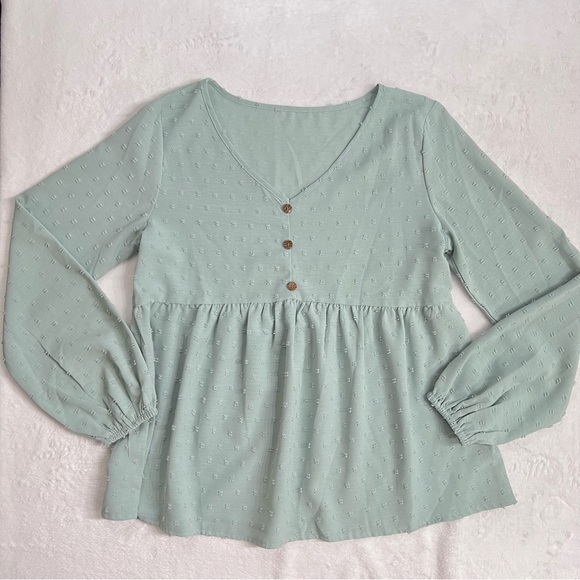 SHEIN Swiss Dot Button Detail Latern Sleeve Peplum Blouse Mint Green size Small - Picture 2 of 11